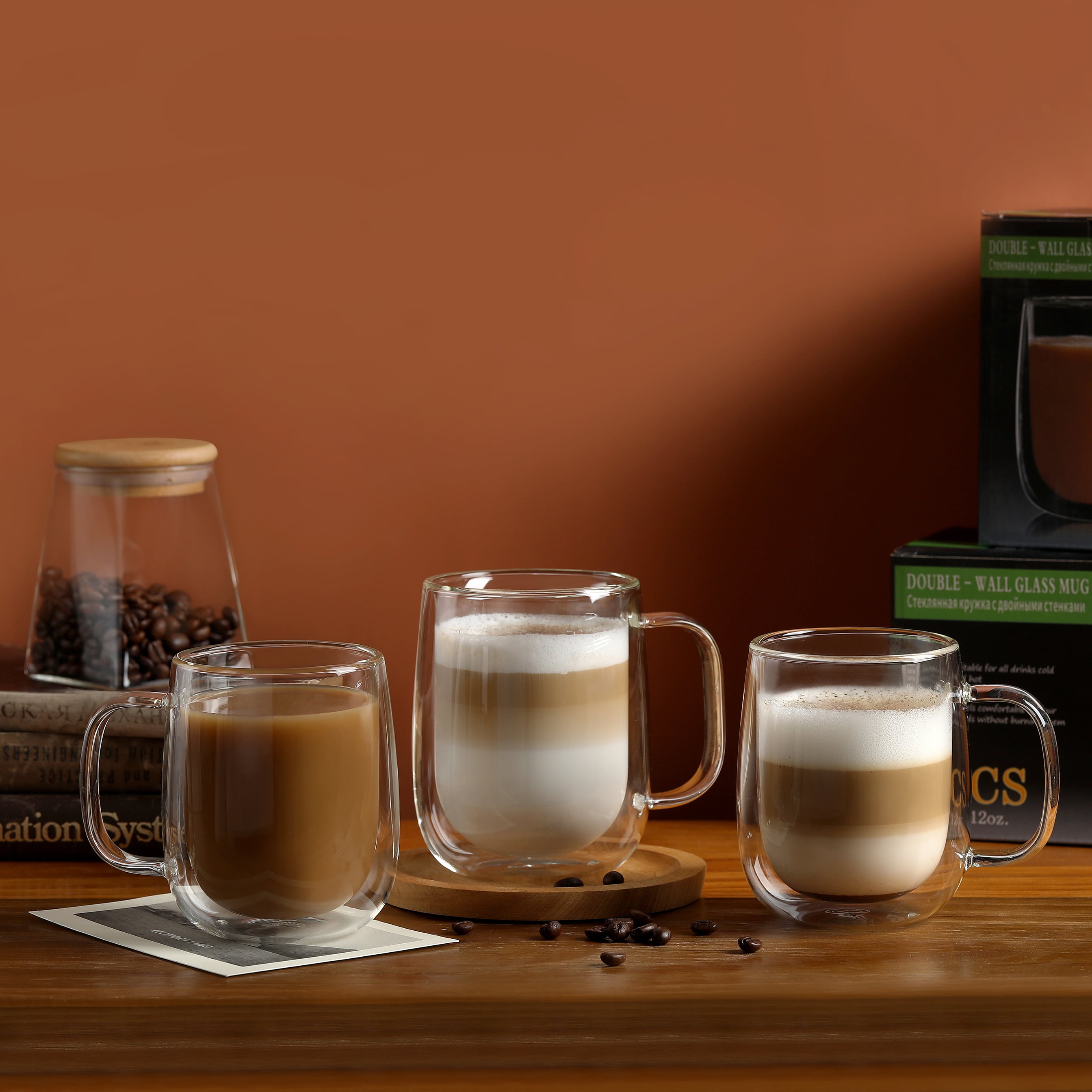 CnGlass Glass Coffee Mugs 12oz, Double Wall Insulated Mug Set with Handle, Clear Glass Cappuccino Mugs for Hot and Cold Beverages, Set of 2