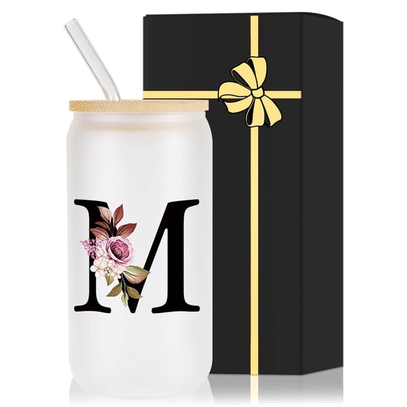 Vaso de vidrio Wulcea, 16 oz, con tapa de bambú con monograma, pajita