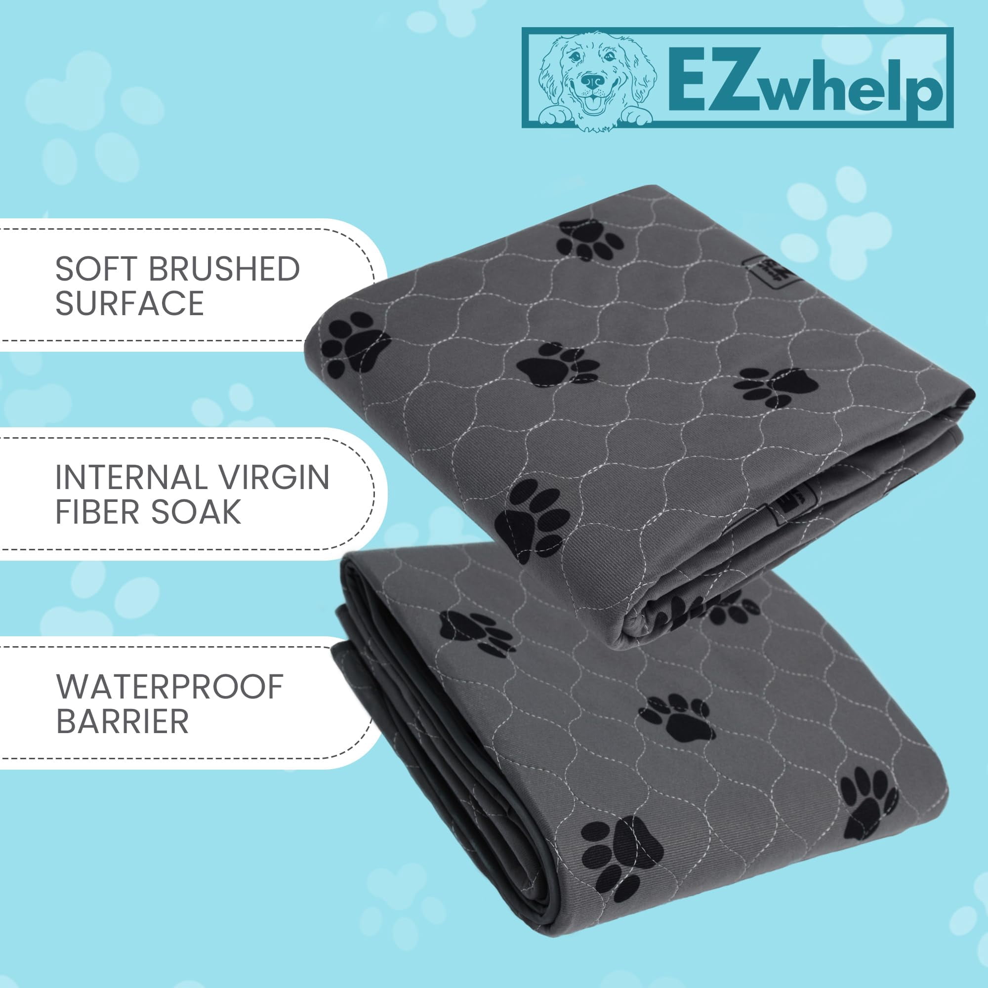 EZwhelp Premium Reusable Quick Dry Dog Pee Pads, 48x48 Inch 2 Pack – Waterproof, Washable, Non-Slip Training Pads for Large Dogs & Cats, Fast Absorbent, Durable Reusable Potty Mats