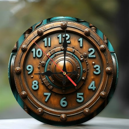 Steampunk Style Wall Clock Vintage Copper Clock 10 Inch Silent Wooden Wall Clock, Battery Operated