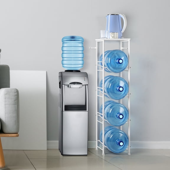 5 Gallon Water Jug Holder 4‑Tier, Water Bottle Rack with Storage Shelf for Kitchen, Office, Living Room – White