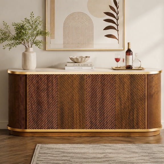 63'' Walnut Fluted Sideboard Buffet Cabinet with Storage, 4-Door Credenza TV Stand, Gold Trim, Cream Marble-Top Console for Dining Living Room, Modern