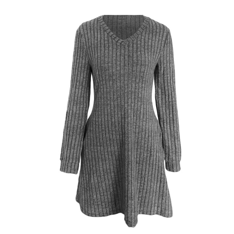 Womens V Neck Fall Dresses Long Sleeve Casual Sweater Short Dress Fashion  Clothes Casual Knee Length Dresses for Women Cut Loose Dress Petite Dress  ...