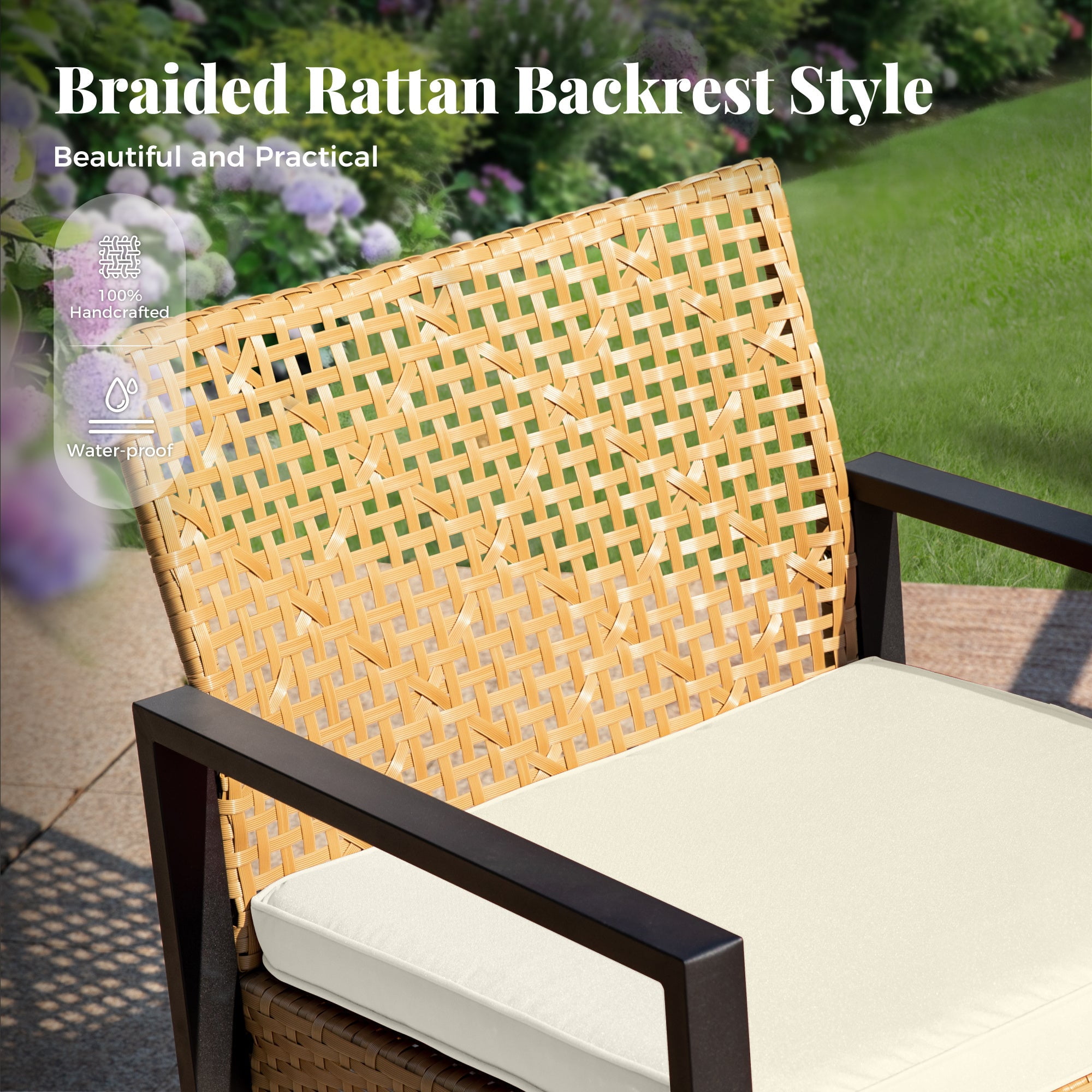 MF Studio 4-Piece All-Weather Rattan Patio Furniture Set, Outdoor Conversation Set with Wood Table, Yellow and Beige