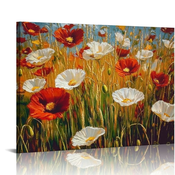 Vibrant Field of Red Poppies - 20x16 Unframed Art Print on Canvas - Impressionist Floral Decor for Home and Office