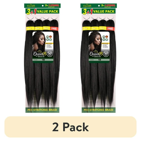 (2 pack) QueenB 4X Value Pack Pre-Stretched Braiding Hair 50” – Color #1B