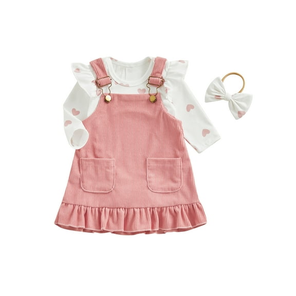 Bagilaanoe 3Pcs Newborn Valentine's Day Outfits Baby Girls Overalls Dress Set Heart Long Sleeve Romper Tops Suspender Skirt Headband 3M 6M 9M 12M 18M Infant Casual Clothes