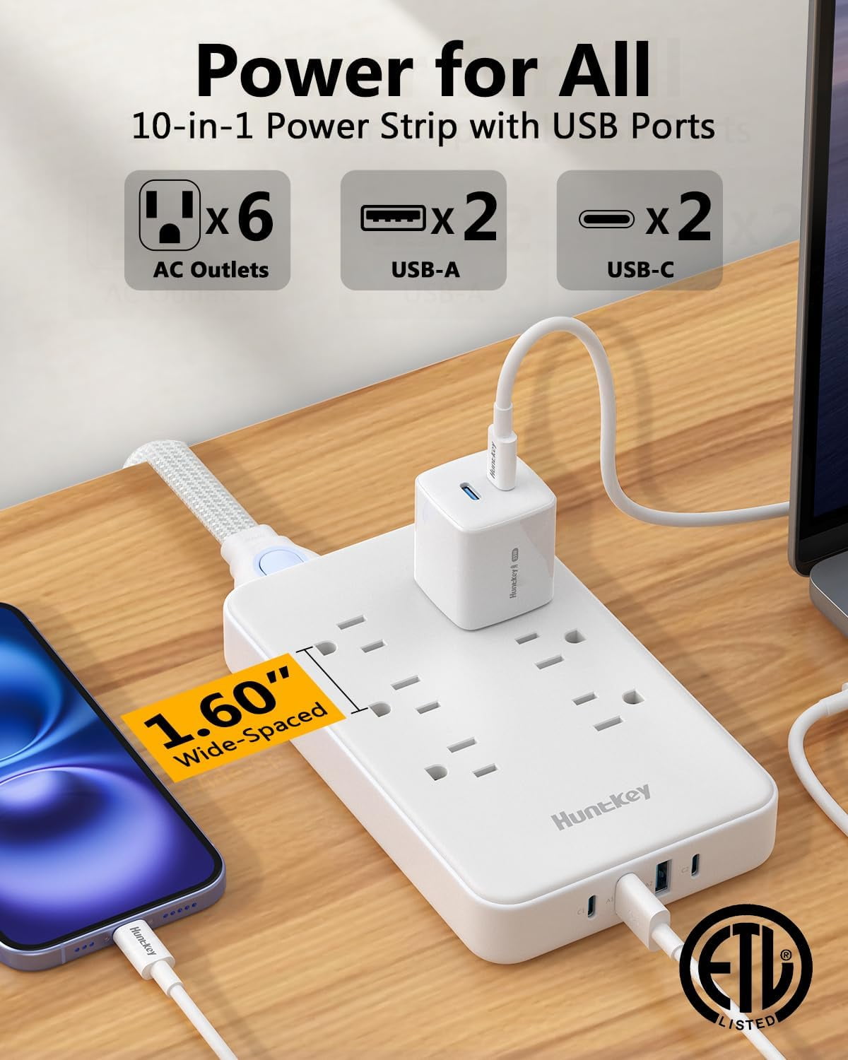 RGHJAR-Innovative Power Strip, Cord Removable Design, 6 Outlets Surge Protector with 4 USB Ports (2 USB-C, 2 USB-A), ETL Listed, Customize Cord Length