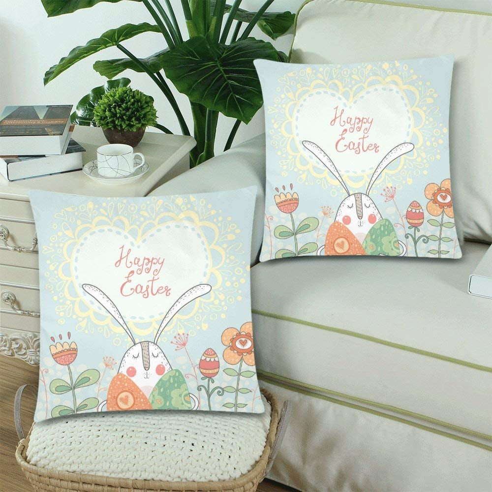 GCKG Cute Easter Rabbit with Eggs and Flowers Throw Pillow Covers 18x18 inches, Easter Bunny