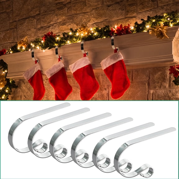 6-Piece Metal Christmas Stocking Holder Set - Non-Slip Mantel Hooks for Fireplace, 6.29x3.93 inch, Silver Finish