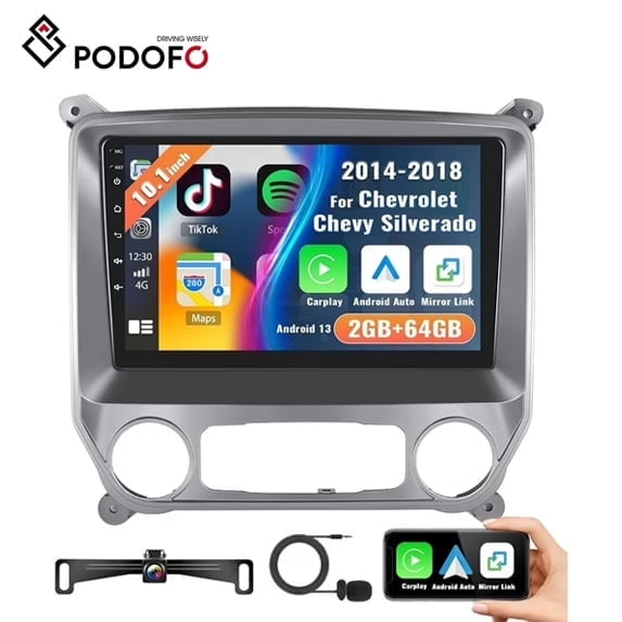 Podofo 2+64G Android 13 10.1” Touchscreen Car Stereo for Chevrolet Silverado GMC Sierra 2014-2018,Wireless CarPlay & Android Auto Radio, Support GPS Navigation Mirror Link FM WiFi Backup Camera Mic