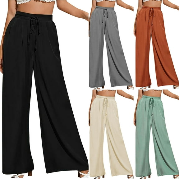 Elainilye Fashion Women Pants Summer Casual Loose Wide Leg Pants Solid Trousers Baggy Pants Loungewear,Black