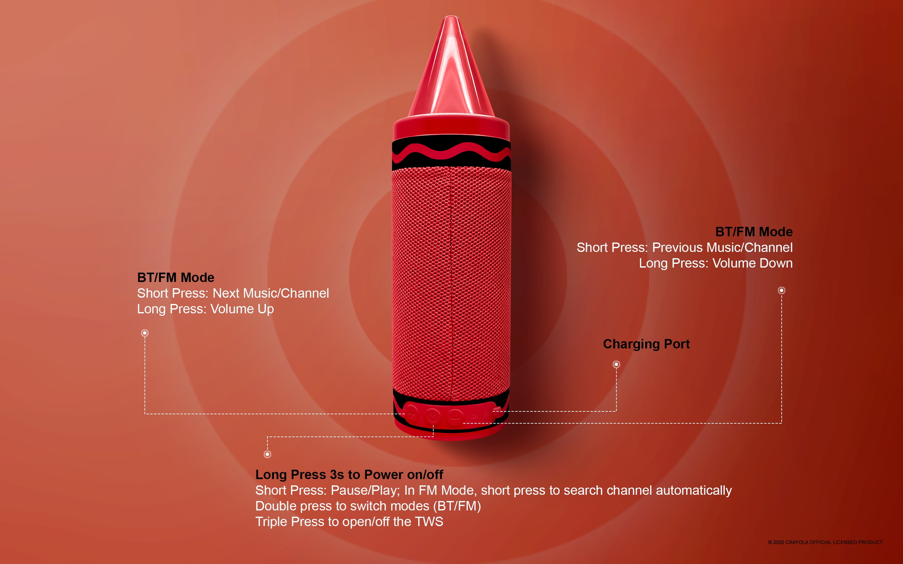Crayola Kids Crayon Bluetooth Wireless Portable Speaker 20W PEAK Power HD Sound; Long Lasting Battery;1500mAh Battery All Day Playtime, TWS Pairing, BT 5.3, FM Radio Home/Party/Outdoor/Travel/Camping