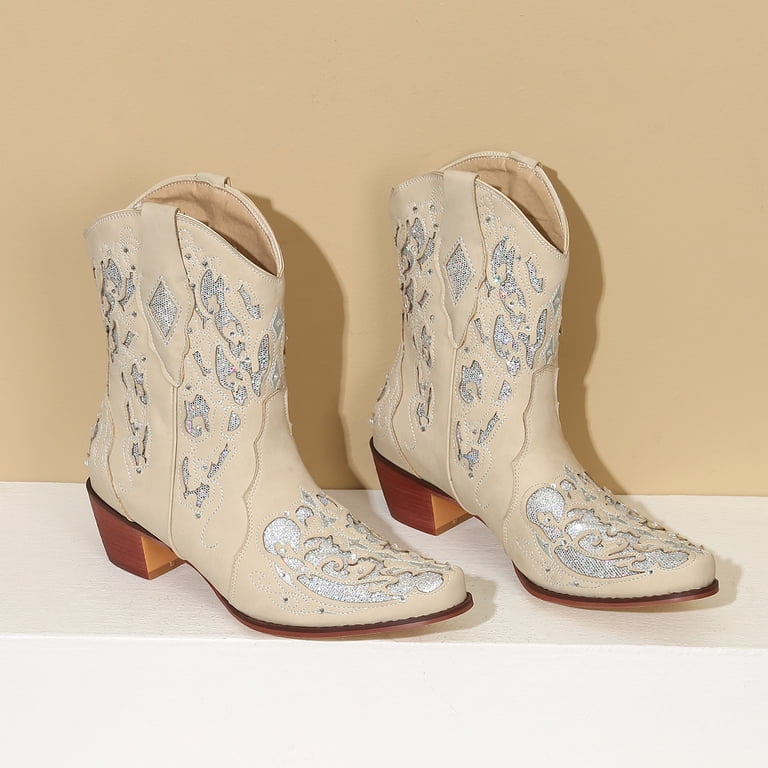 HEWUQI Womens Western Boots Mid Calf Glitter Rhinestone Hollow out ...