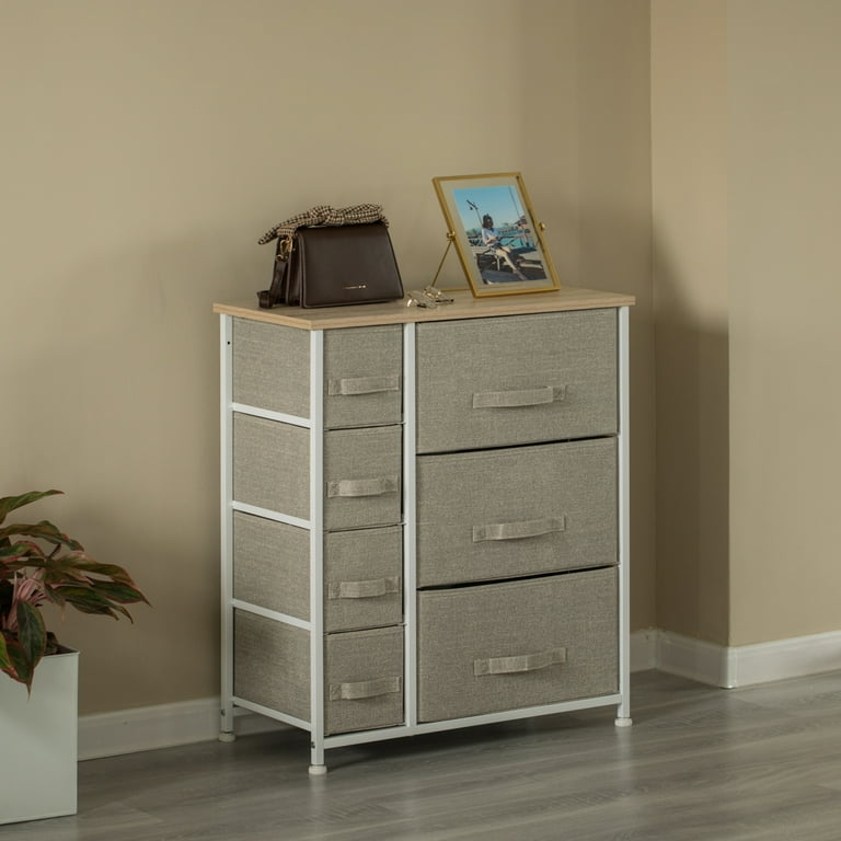 Charcoal Gray Five Fabric Storage Drawer Unit, Wooden Top Dresser Tower, 2  Sizes Bins