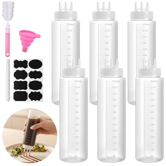 6 Pcs Condiment Squeeze Bottles with Brush Funnel Marker Labels, 22 oz Plastic Drizzle Bottle Set, Salad Dressing Dispenser for Ketchup Oil Sauce BBQ Kitchen Prep