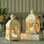 JHY DESIGN 2 Set of 9.5'' H Metal Candle Lanterns for Home Patio Garden(White)
