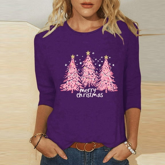 Cadancy Christmas 3/4 Sleeve T Shirts for Women Party Dressy Crewneck Tops Casual Funny Xmas Tree Print Plus Size Blouses Holiday Winter Vintage Shirt