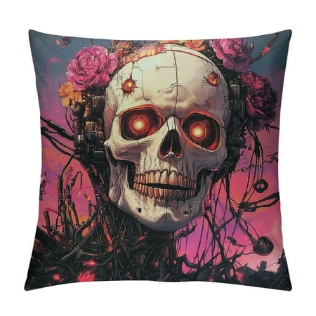 

HYKY Skull Flowers Cyberpunk Short Plush Pillowcase 1PC Aesthetic Decorative Home Furnishing 12x12in