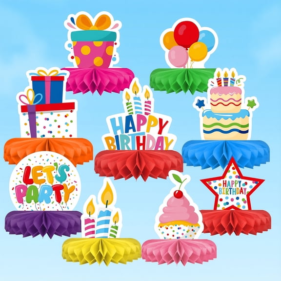Happy Birthday Decorations Set - Colorful Themed Honeycomb Centerpiece, Table Decoration for Kids' Birthday Party Supplies