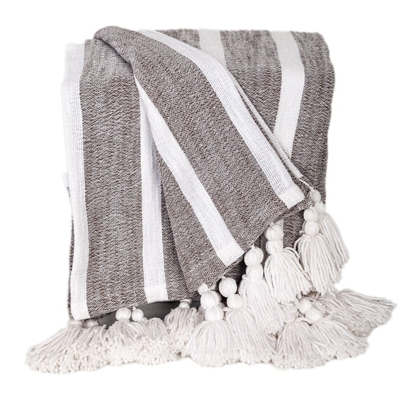Parkland Collection Nara Charcoal Cotton Slub Throw Blanket with Tassels, Decorative Woven Couch Throw, 50 x 60 in