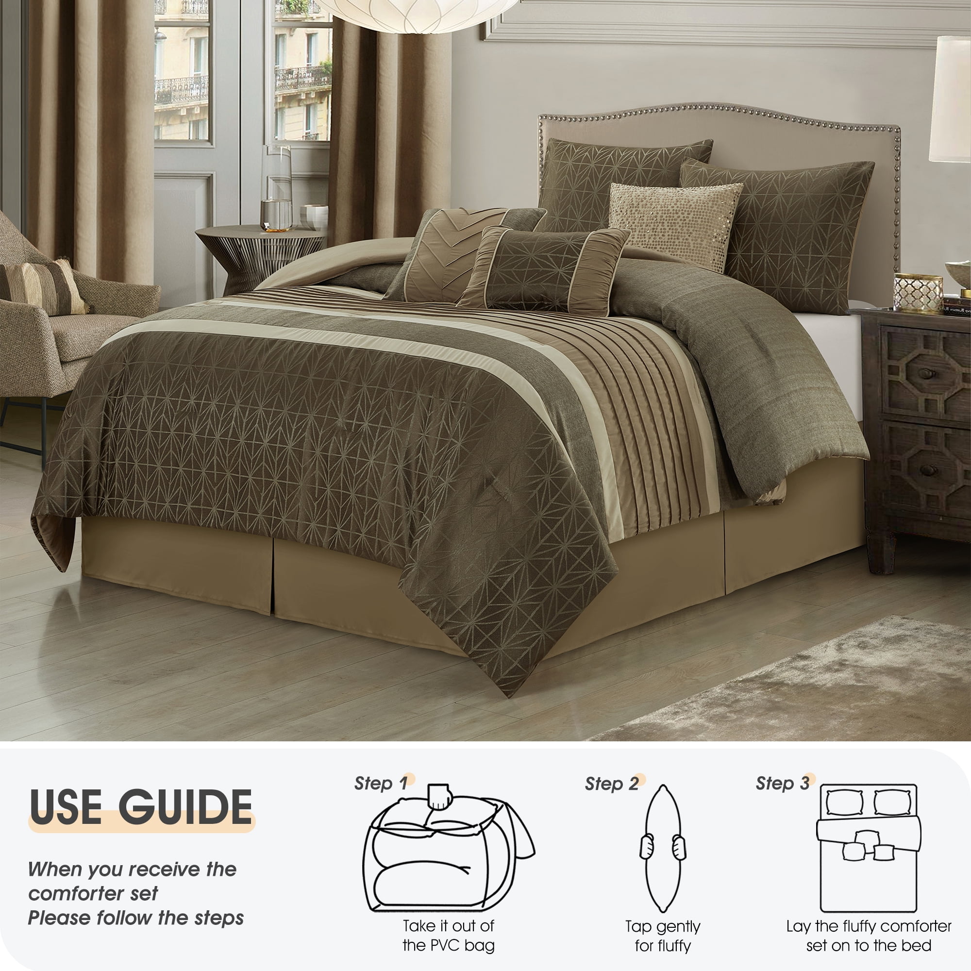 Lanco Taupe Comforter Set California King Size , Geometric Bedding Set , Jacquard with Matching Solid Piecework