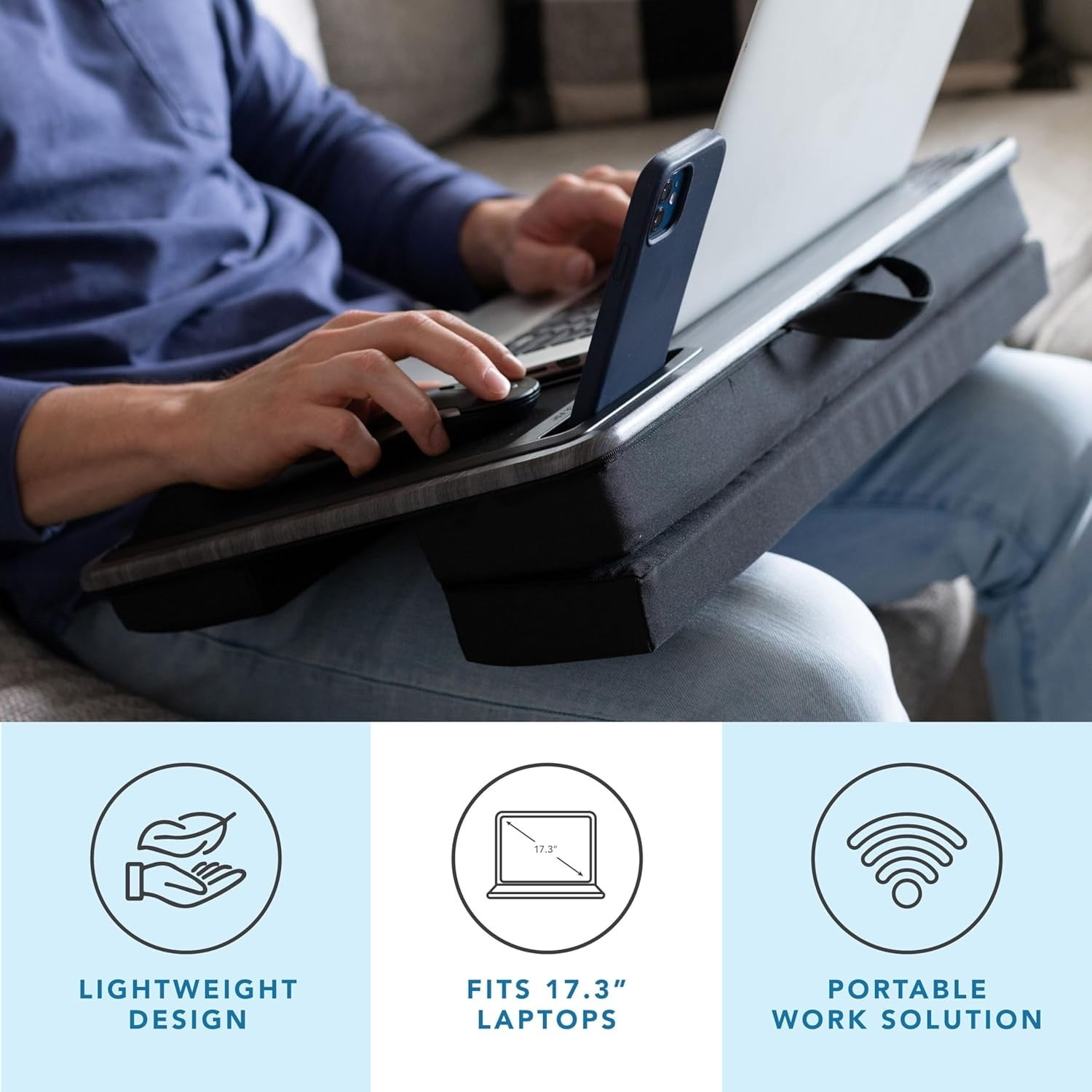 Extra Large Adjustable Lap Desk with Memory Foam Wrist Rest, Mouse Pad, Phone Holder, Device Ledge, and Booster Cushion - Black Carbon - Fits up to 17.3 Inch Laptops