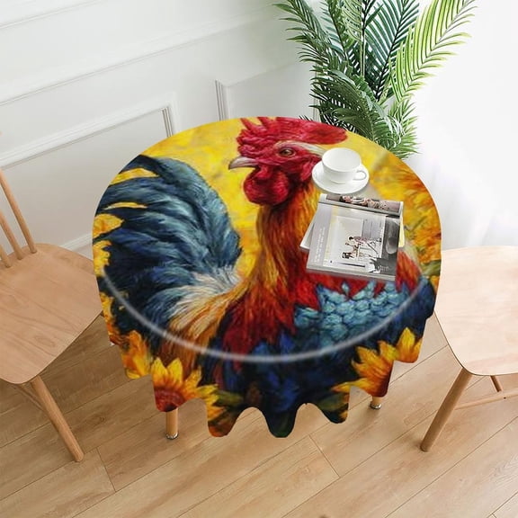 RKSupls 60 Inch Round Tablecloth, Rooster Sunflowers Premium Polyester Straight Edge Wrinkle Resistant Washable Table Cover for Party Home Dining Decor