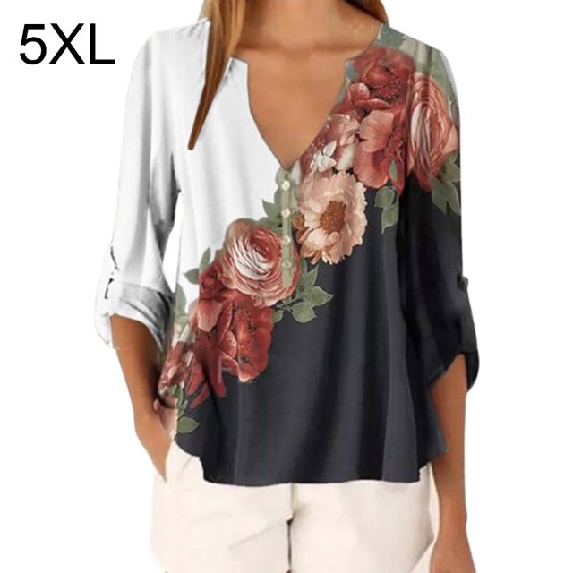 Blusa Camisa con cuello en V y estampado floral Blusa suelta de manga larga Top de mujer, Blanco, 5XL Vogacara AP002021-40