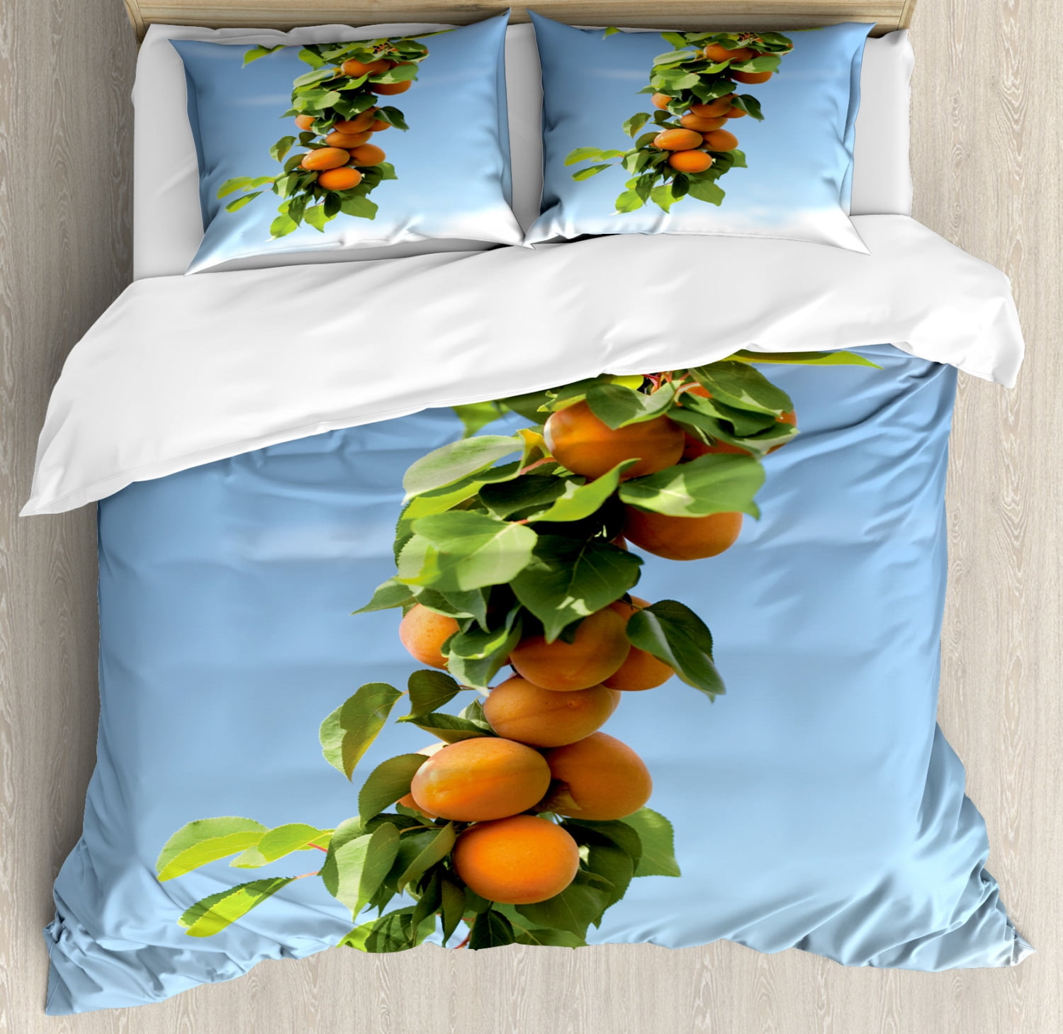 Apricot Duvet Cover Set Queen Size, Ripe Apricots on Tree Green Leaves