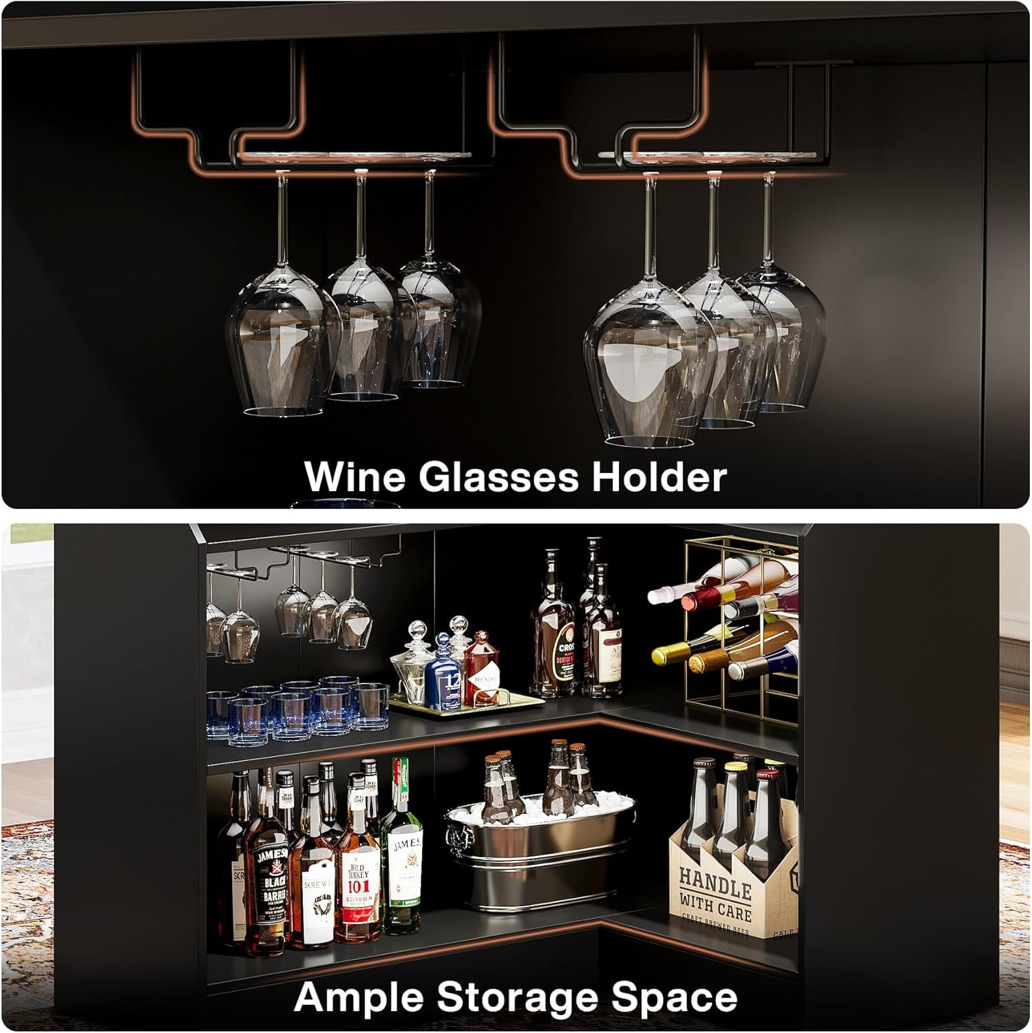 Finmind L-shaped Home Bar Cabinet with Glass Holders, Multi-tier Corner Liquor Display Unit, Versatile Wine Bar Table and Reception Desk, Black