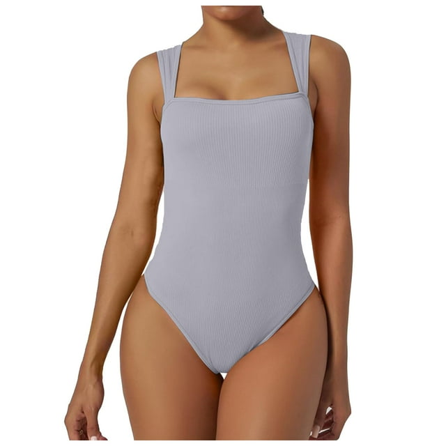Body sin mangas sexy de mujer con cuello cuadrado y tirantes acanalados - 90 % nailon, 10 % elastano - Botones a presión en la parte inferior, S-XXL