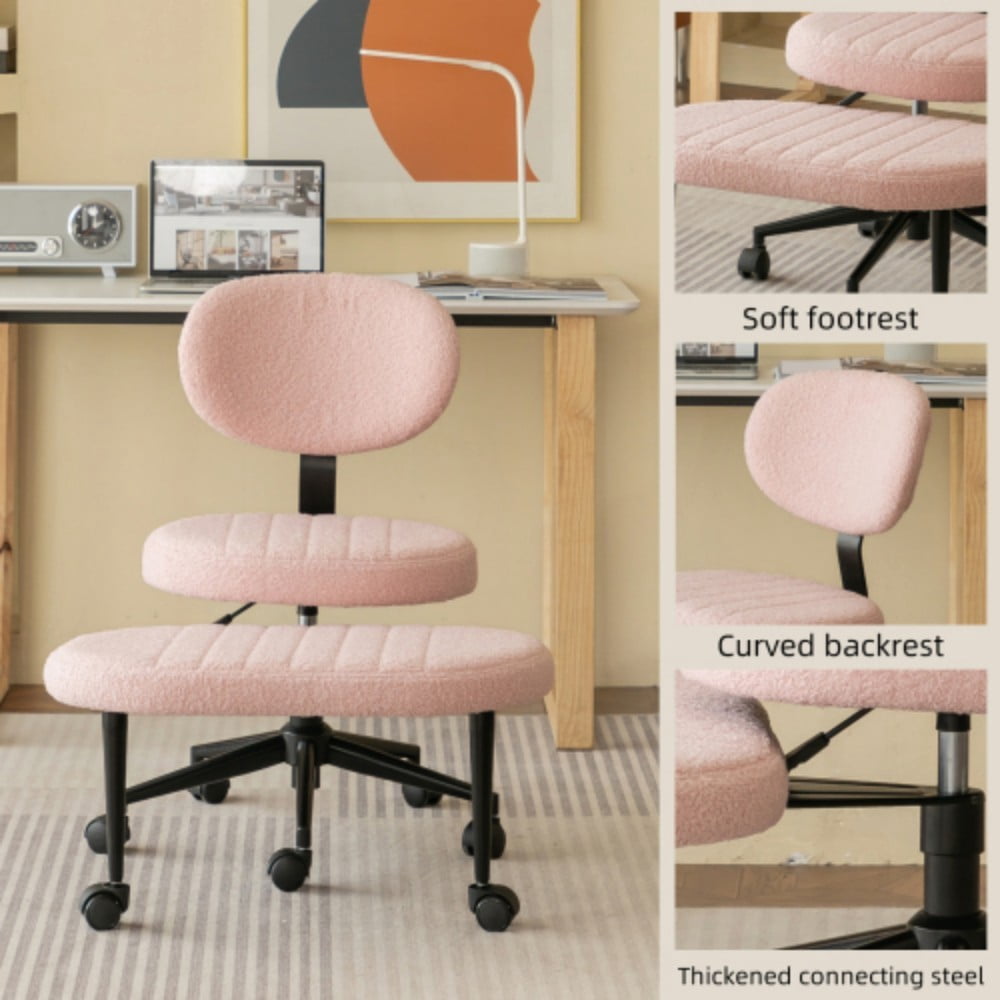 Ergonomic Cross Legged Office Chair, Multi-Position Swivel Meditation Chair with Back Support, Rolling Base, Adjustable Height for Home Office & Study, Pink