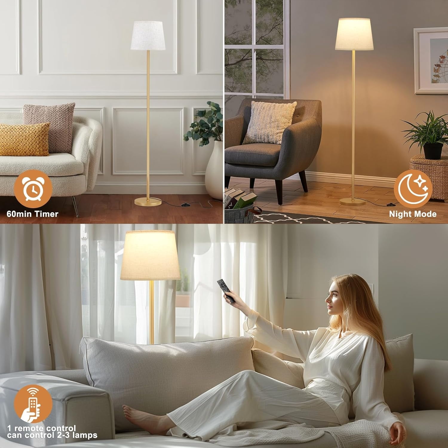 Upgraded Floor Lamps for Living Room, Modern Floor Lamp with Remote Control, Dimmable Colors Temperature Standing Lamp Foot Switch, 9W Bulb Tall Lamps for Bedroom Office Kid Room - Gold