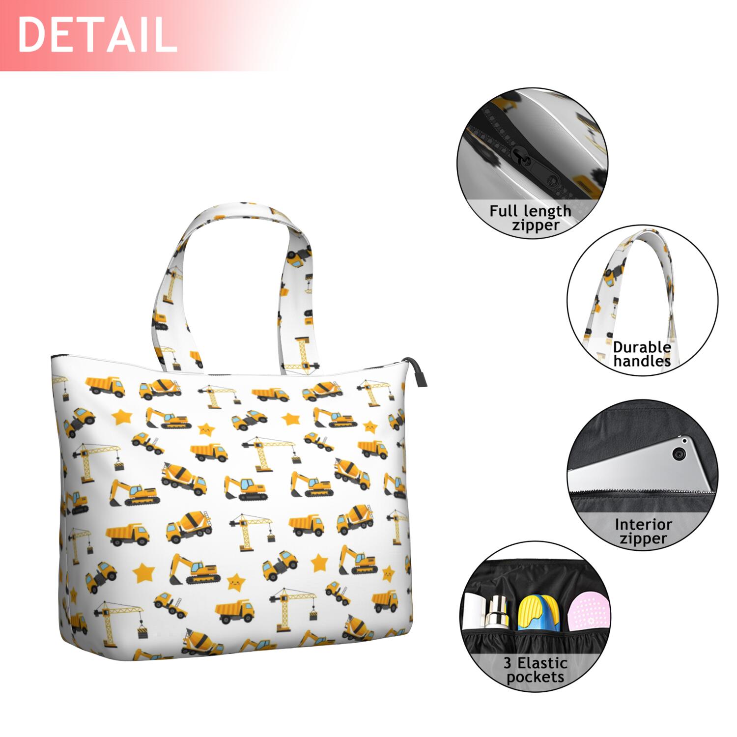 Cartoon Construction Vehicles Stars White Pattern Travel Tote Bags for Women Carry On,Large Weekender Bags for Women Travel,Multi Functional Duffle Bag for Work,Shopping,Sports