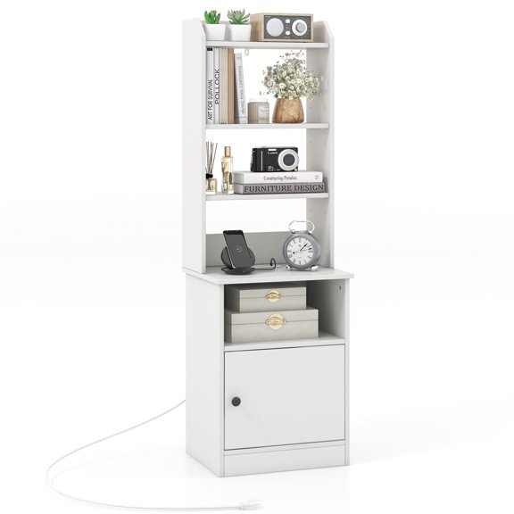 Giantex Nightstand w/Charging Station, Tall Bedside Table, End Table Bookcase w/Adjustable Shelves, White