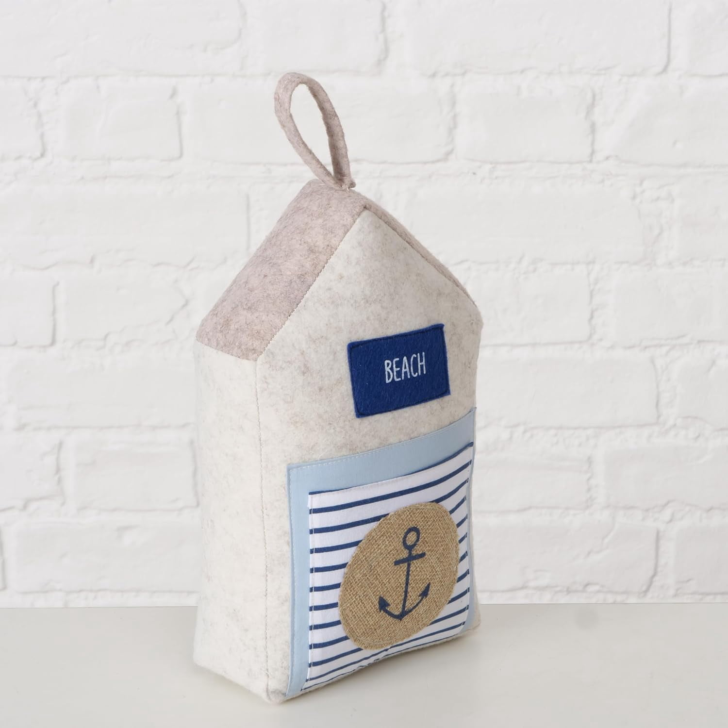 Coastal Cabana Soft Door Stops, Jute, Cotton, Loop Tops, Weighted, 11.75 Inches, House Shaped with Anchor and Lifesaver Fabric Embellishments
