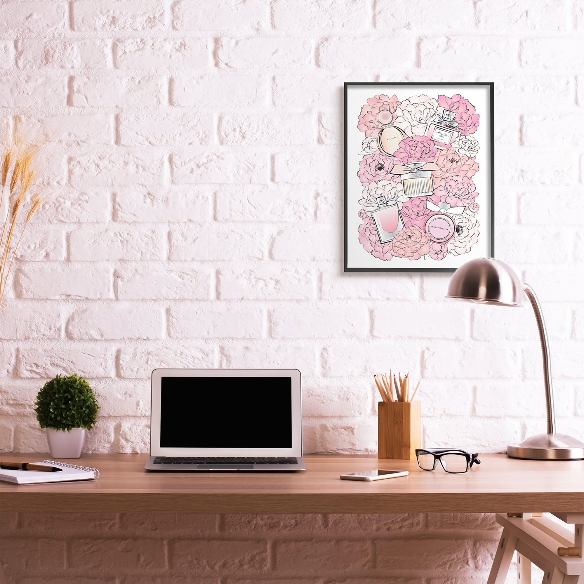Stupell Industries Pink Glam Peonies and Fashion Fragrance Bottles Beauty & Fashion Painting Black Framed Art Print Wall Art, 24 x 30