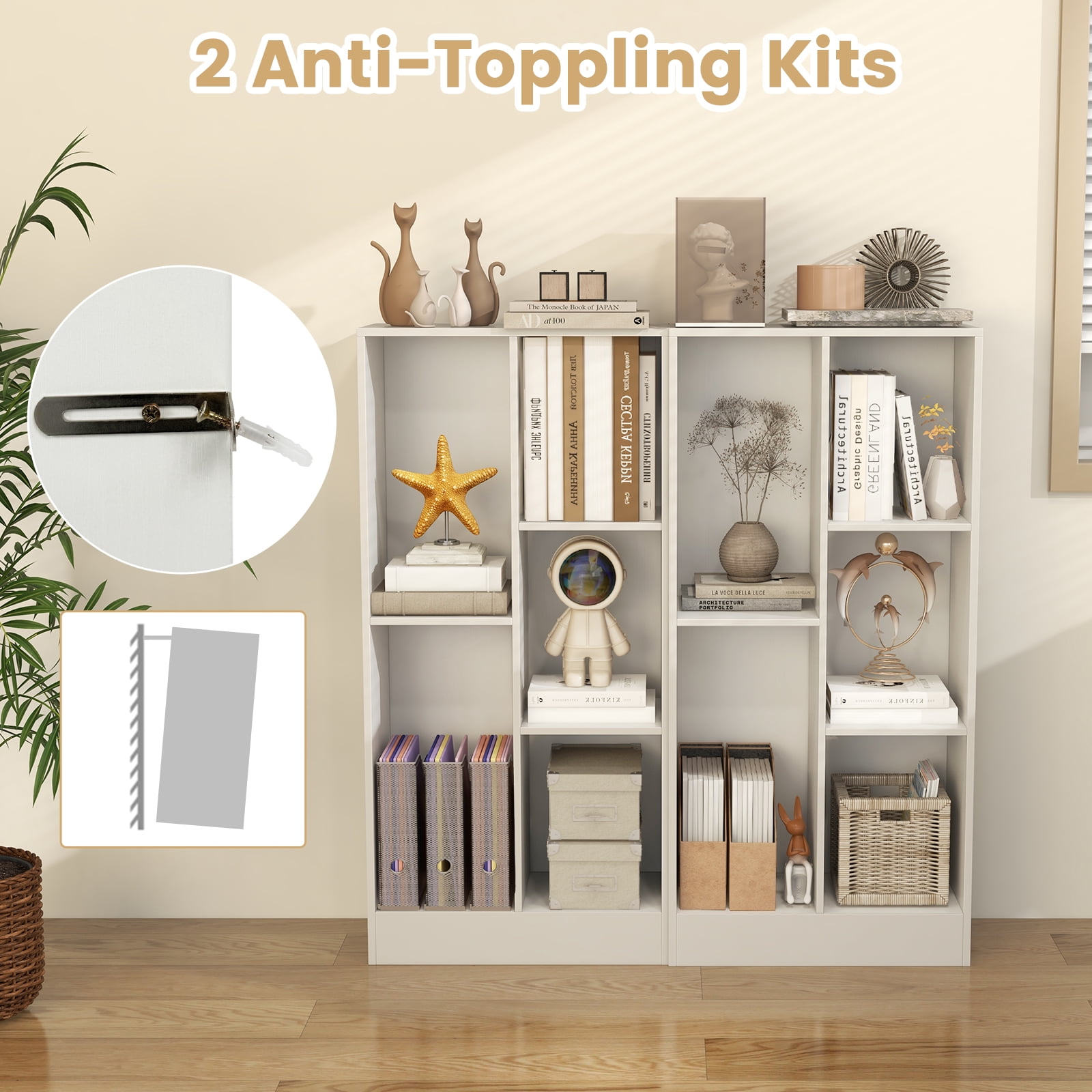 Giantex 5-Cube Bookcase, Freestanding Bookshelf w/ 2 Anti-toppling Kits, Modern Storage Unit, Display Shelving, White