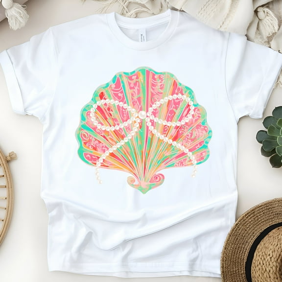 Tropical Glam Seashell T-Shirt for Women, Pearl String Beach Graphic Tee, White, Size S