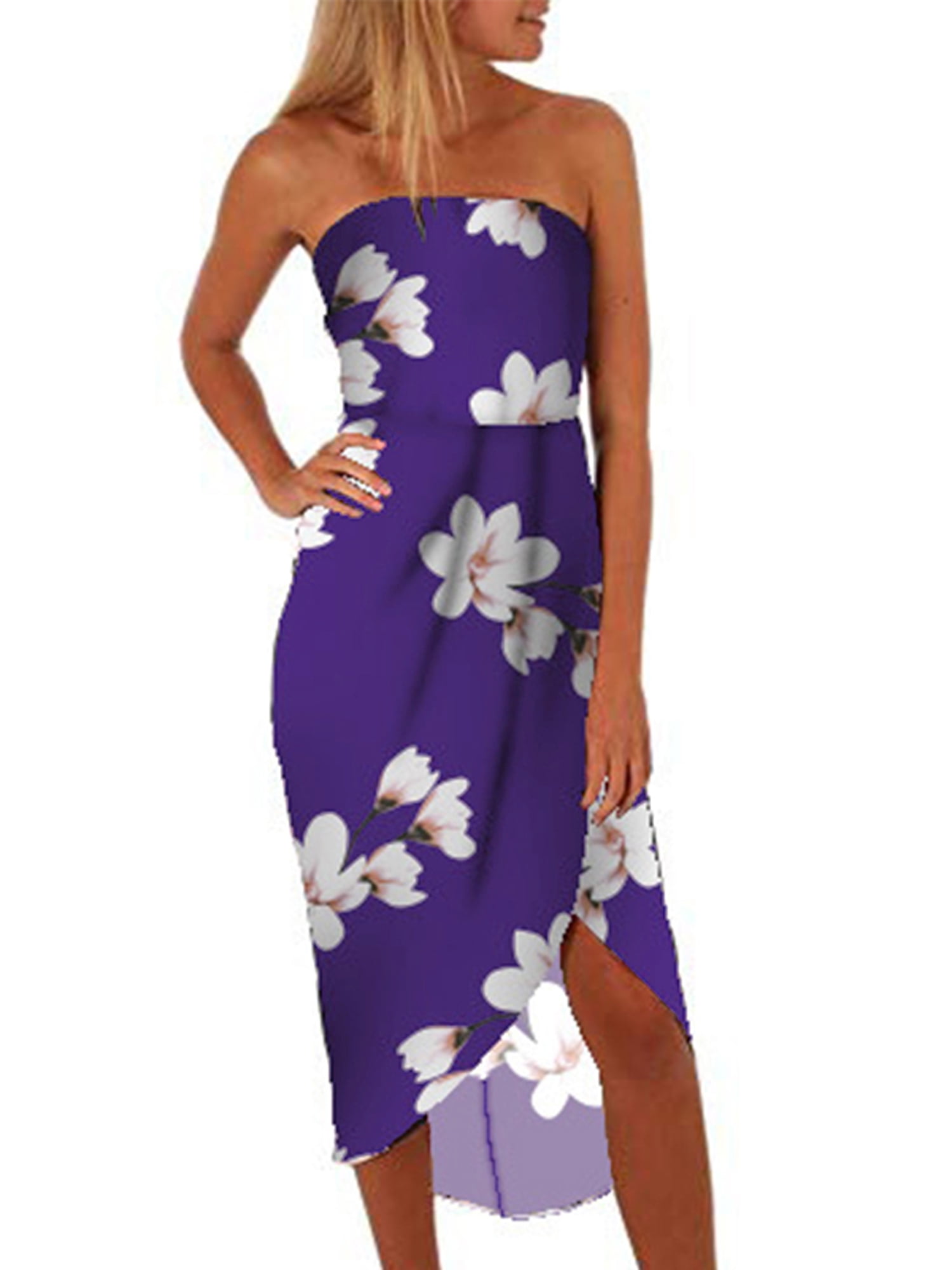 Wodstyle - Womens Boho Floral Sleeveless Long Dress Bandeau Summer Beach Slim Fit Sundress 