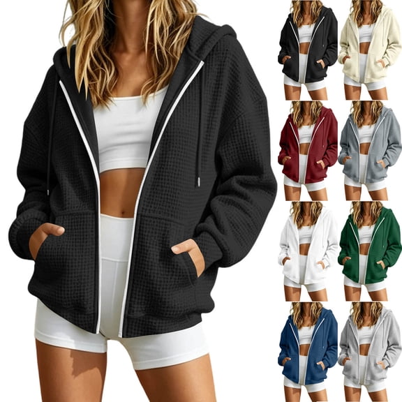 Purcolt Women's Waffle Knit Zip Up Hoodie Jacket, Lightweight Long Sleeve Casual Coat with Pockets for Spring Fall Layering for Daily Wear