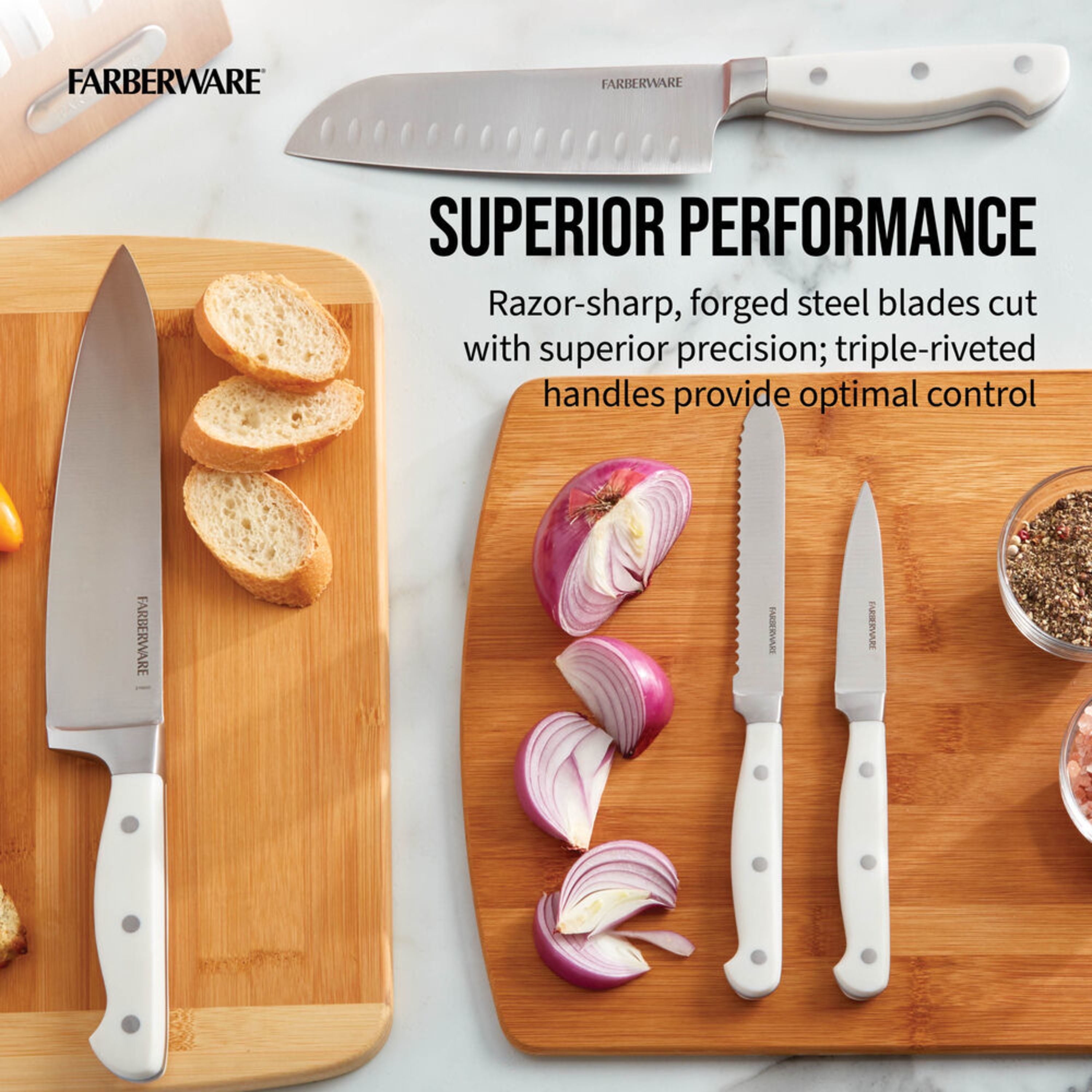 Farberware EdgeKeeper 14-Piece Forged Triple Rivet Kitchen Knife Set with Block, White