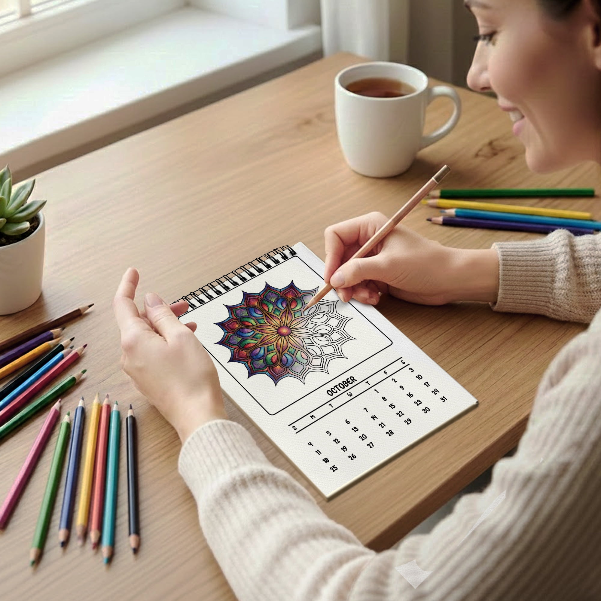 Stained Glass Mandalas Coloring Desk Calendar 2026–2027, A5 Wooden Cover Planner with 26 Easy Coloring Pages for Adult Relaxation, 24 Month Desktop Calendar with Stand, Gift for Family & Friends