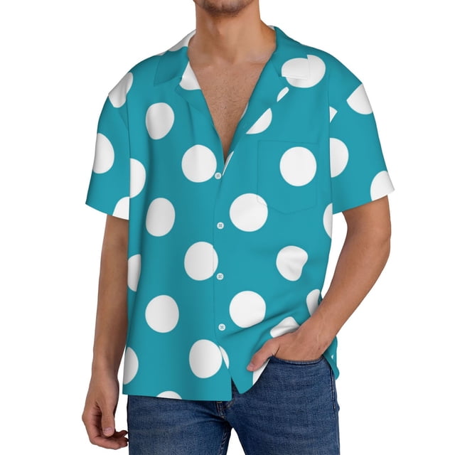 Fotbe Sky Blue And White Polka Dot Camisa Estampada de Manga Corta para Hombre, Casual de Verano, Estilo Playero, Sin Arrugas-3X-Large