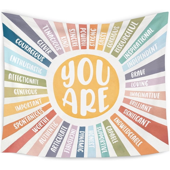 Boho Sunshine Affirmation Tapestry, Colorful Wall Hanging for Nursery & Classroom, 50 x 60 in