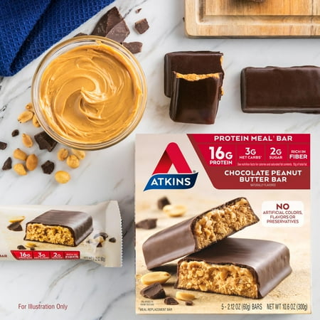 Atkins Chocolate Peanut Butter Protein Meal Bar, High Fiber, Low Sugar, Meal Replacement, Keto Friendly, 6/8 Packs
