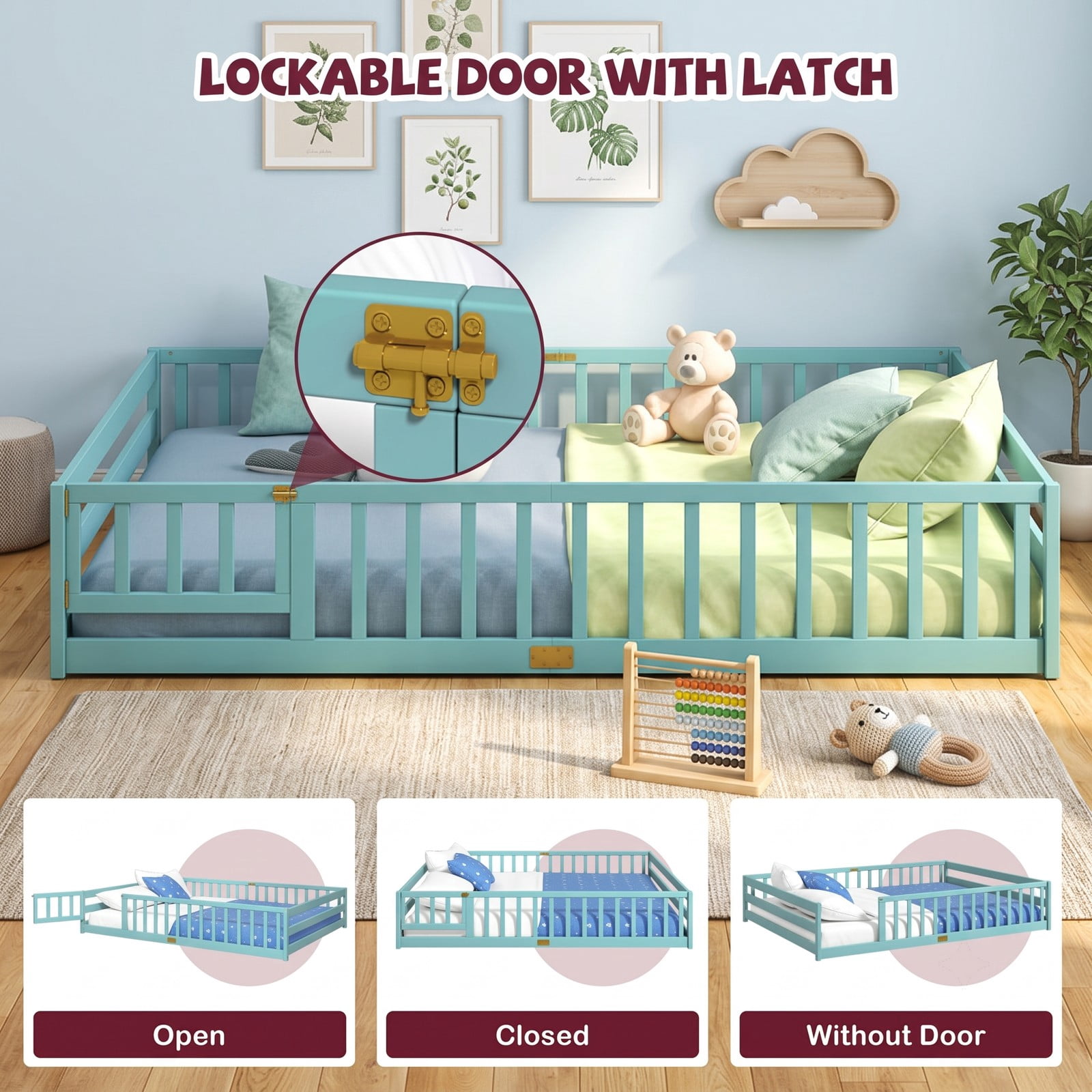 Furnibear Queen Size Wood Montessori Floor Bed Frame with Full Length Guardrails and Lockable Gate, Queen Bed Frame for Kids Bedroom, Aqua