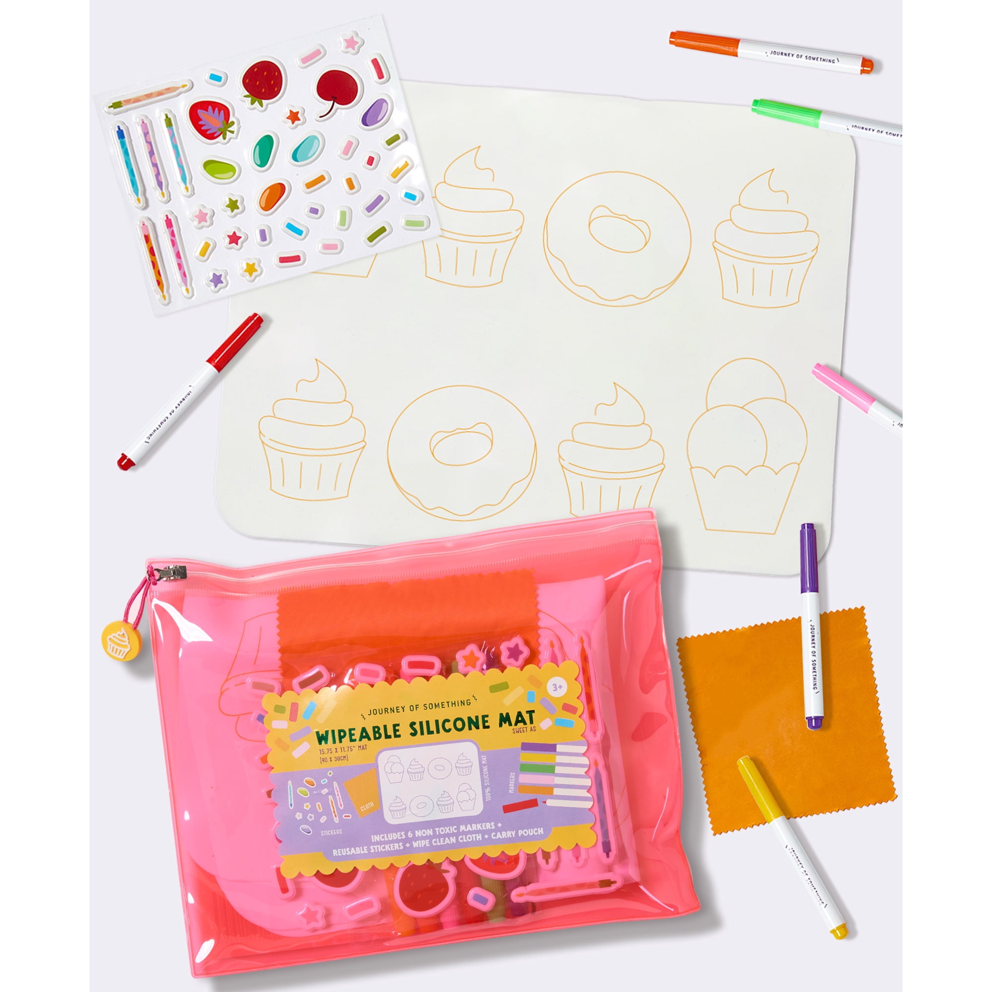 Journey of Something: Wipeable Silicone Mat - Sweet As - Reusable Coloring Kit, Mix & Match Dessert Decorating Stickers, Markers, Carry Pouch, Kids 4+