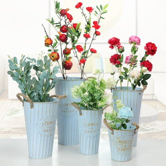 Minkissy Floral Bucket Flower Bucket Blue Iron Retro Atmosphere 1Set